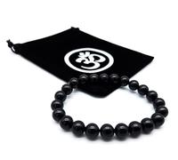 AB India Crafts Bracelet élastique en tourmaline noire fabriquée à la main - Perles de 8 mm de diamètre - 18 cm de circonférence intérieure - Pour femme - Pochette à bijoux OM Aum - Protection de
