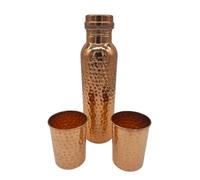AB India Crafts Ensemble gourde et gobelet en cuivre pur - 1 bouteille (900 ml) + 2 gobelets (200 ml) - Design martelé - Fabriqué à la main en Inde - Bouteille d'eau ayurveda