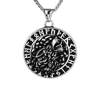 AB Viking Crafts Pendentif viking en acier inoxydable (4 cm, argenté) tête de loup dans un cercle de runes Vegvisir avec chaîne en acier inoxydable de 60 cm dans une pochette à bijoux | Protection de