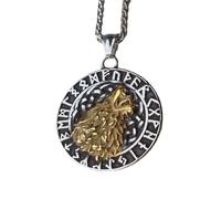 AB Viking Crafts Pendentif viking en acier inoxydable (4 cm, argenté) tête de loup dans un cercle de runes Vegvisir avec chaîne en acier inoxydable de 60 cm dans une pochette à bijoux | Protection de