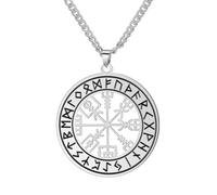 AB Viking Crafts Vegvisir Pendentif en acier inoxydable Boussole viking en cercle runes avec chaîne dans une boîte à bijoux | Protection et orientation de la force, 38x35 cm Kette 60 cm, Acier