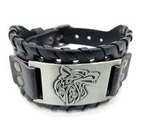 AB Viking Crafts Vikings Bracelet viking en cuir avec motif loup Noir/argenté, one size (flexibel 18 - 24 cm Innenduchmesser), Cuir