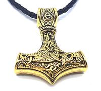 AB Viking Crafts Vikings Pendentif viking Mjölnir Thor Marteau en métal doré avec collier en cuir dans une pochette à bijoux, Métal