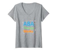 ABA Therapy Works : Professionnels du Soutien à l'Autisme T-Shirt avec Col en V, Femme, Gris Chiné, XXL