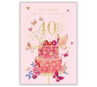 Abacus Cards Carte d'anniversaire de mariage rubis - Joli motif gâteau floral et papillon - Finie à la main avec strass - Finition aluminium en relief - Carte de 40e anniversaire de mariage pour un