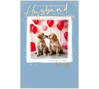 Abacus Cards Carte d'anniversaire pour mari - Motif chiot mignon et ballon en forme de cœur - Finition en aluminium gaufré - Carte de vœux d'anniversaire pour mon merveilleux mari