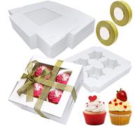 Abaigeal Lot de 50 boîtes à cupcakes à 4 trous avec fenêtre et inserts - 16 x 16 x 7,5 cm - Blanches - Avec rubans - Pour cupcakes, cookies, muffins, pâtisseries