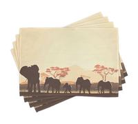 ABAKUHAUS Afrique Sets de Table, Lot de 8, Imprimé Safari Africain Famille Éléphant et Troupeau au Coucher du Soleil, Décoration de Table en Tissu Lavable Impression Numérique, Pêche Taupe