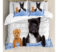 ABAKUHAUS Animal Housse de Couette Ensemble pour Lits Doubles, Bouledogue français avec Ours, Anti-acariens Allergique adapté avec taies d'oreiller, Blanc Bleu Noir