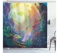 ABAKUHAUS Animaux Marins Rideau de Douche, Reef Aquarium Art Coral, Tissu Ensemble de Décor de Salle de Bain avec Crochets, 175 x 200 cm, Turquoise Jaune Rose