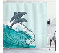 ABAKUHAUS Animaux Marins Rideau de Douche, Vagues de la mer Sketch Art, Tissu Ensemble de Décor de Salle de Bain avec Crochets, 175 x 220 cm, Menthe Gris Coke Teal