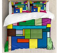 ABAKUHAUS Art Ensemble de Housse de Couette, Carrés Mondrian Vives, Décoratif 3 Pièces avec 2 Taie d'oreiller, 200 x 200 cm - 70 x 50 cm, Multicolore