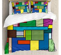 ABAKUHAUS Art Ensemble de Housse de Couette, Carrés Mondrian Vives, Décoratif 3 Pièces avec 2 Taies d'oreiller, 264 x 220 cm - 90 x 50 cm, Multicolore