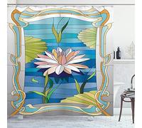 ABAKUHAUS Art Nouveau Rideau de Douche, VITRAIL Lotus, Tissu Ensemble de Décor de Salle de Bain avec Crochets, 175 x 200 cm, Bleu Marine Jaune