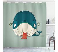 ABAKUHAUS Baleine Rideau de Douche, Chaton Manger énorme Poisson, Tissu Ensemble de Décor de Salle de Bain avec Crochets, 175 cm x 220 cm, Teal Vert Amande