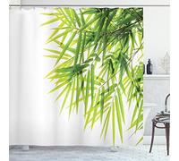 ABAKUHAUS Bambou Rideau de Douche, Feuille de Bambou Paix, Tissu Ensemble de Décor de Salle de Bain avec Crochets, 175 cm x 180 cm, Vert Blanc