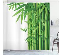 ABAKUHAUS Bambou Rideau de Douche, Moderne Bambous Potences, Tissu Ensemble de Décor de Salle de Bain avec Crochets, 175 cm x 220 cm, Vert Blanc