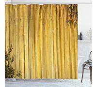 ABAKUHAUS Bambou Rideau de Douche, Nature du Bois Feuilles Potence, Tissu Ensemble de Décor de Salle de Bain avec Crochets, 175 cm x 240 cm, Jaune