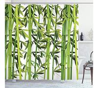 ABAKUHAUS Bambou Rideau de Douche, Plantes Vertes fraîches, Tissu Ensemble de Décor de Salle de Bain avec Crochets, 175 cm x 240 cm, Vert Blanc