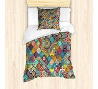 ABAKUHAUS bohémien Ensemble de Housse de Couette, Folk Checkered, Décoratif 2 Pièces avec 1 Taie d'oreiller, 135 cm x 200 cm, Turquoise Rouge Brun