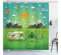 ABAKUHAUS Campeur Heureux Rideau de Douche, Caravane extérieur, Tissu Ensemble de Décor de Salle de Bain avec Crochets, 175 cm x 180 cm, Multicolore