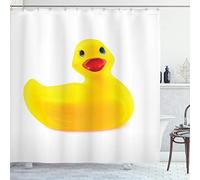 ABAKUHAUS Canard en Caoutchouc Rideau de Douche, Yellow Ducky, Tissu Ensemble de Décor de Salle de Bain avec Crochets, 175 cm x 180 cm, Blanc et Jaune