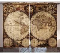 ABAKUHAUS Carte du Monde Rideaux, Atlas Historique du Vieux, Décoration Intérieure Accent Lot de 2 Panneaux, 280 x 245 cm, Chameau Brun