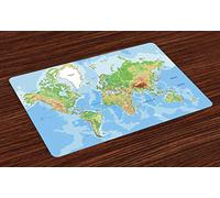 ABAKUHAUS Cartes du Monde Sets de Table, Éducation topographique, Décoration de Table en Tissu Lavable pour Salle à Manger et Cuisine, Impression numérique, Bleu Ciel Vert