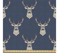 ABAKUHAUS Cerf Tissu au Mètre, Retro Hipster Animaux, Tissu en Polyester Décoratif pour Rembourrage et Décoration d'Intérieur, 3M (148x300cm), Beige Gris-Bleu