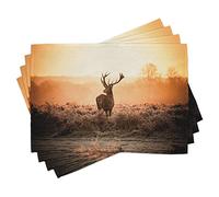 ABAKUHAUS Chasse Sets de Table, Paysage de Nature Sauvage Paysage Rural Bruyères de Cerfs Soleil du Matin, Décoration de Table en Tissu Lavable Impression numérique, Orange Brun