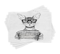 ABAKUHAUS Chat Lot de Sets de Table en 4 pièces, Hipster New Age Cat, Tissu Lavable pour Salle à Manger et Cuisine, Standard, Blanc Noir