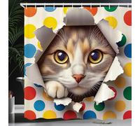 ABAKUHAUS Chat Rideau de Douche, Chat Drôle Et Espiègle Regardant À Travers Une Déchirure avec des Pois Colorés, Material Resistente al Agua Durable Estampa Digital, 175 cm x 200 cm, Multicolore