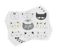 ABAKUHAUS Chat Sets de Table Lot de 8, Croquis Drôle avec Moustache Nœud Papillon Chapeau Poisson Amusant Motif, Tissu Lavable Décoration de Table pour Salle à Manger Impression Numérique, Jaune Noir