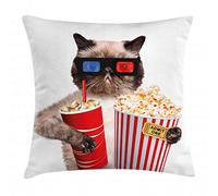 ABAKUHAUS Cinéma Housse d'oreiller, Pop-Corn Cat, Les Couleurs ne pourrissent Pas Le Tissu Lavable, 40cm x 40cm, Blanc Rouge