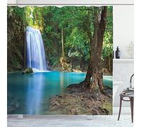 ABAKUHAUS des Bois Rideau de Douche, Asie Thaïlande Jungle Arbres, Tissu Ensemble de Décor de Salle de Bain avec Crochets, 175 cm x 180 cm, Marron Vert Turquoise