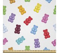 ABAKUHAUS Dessert Tissu au Mètre, Vibrant Bears Gummy, Tissu Satiné Décoratif pour Textiles de Maison et d’Artisanat, 148x100cm, Blanc Multicolore