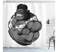 ABAKUHAUS Dessin animé Rideau de Douche, Animal athlète Gorilla, Tissu Ensemble de Décor de Salle de Bain avec Crochets, 175 x 200 cm, Noir Blanc Gris
