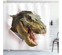 ABAKUHAUS Dinosaure Rideau de Douche, Dino Broyer Paper, Tissu Ensemble de Décor de Salle de Bain avec Crochets, 175 cm x 240 cm, Vert Armée Vert Blanc