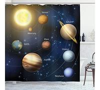 ABAKUHAUS Éducatif Rideau de Douche, Planètes du système Solaire, Tissu Ensemble de Décor de Salle de Bain avec Crochets, 175 cm x 220 cm, Multicolore
