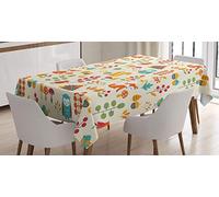 ABAKUHAUS Enfants Nappe, Owl Fox Oiseaux écureuil, Linge de Table Rectangulaire pour Salle à Manger Décor de Cuisine, 140 x 200 cm, Beige Orange