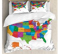 ABAKUHAUS Esprit d'aventure Ensemble de Housse de Couette, USA Carte avec Les États, Décoratif 2 Pièces avec 1 Taie d'oreiller, 200 x 200 cm - 70 x 50 cm, Multicolore
