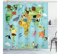 ABAKUHAUS Esprit d'aventure Rideau de Douche, Carte des Animaux du Monde, Tissu Ensemble de Décor de Salle de Bain avec Crochets, 175 cm x 220 cm, Bleu pâle Jaune Vert
