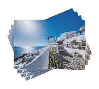 ABAKUHAUS Été Sets de Table, Village d'Oia à Santorin, Décoration de Table en Tissu Lavable Impression numérique, Bleu Azur