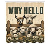 ABAKUHAUS Ferme Rideau de Douche, Bonjour Lettrage avec Alpaga Vache Et Mouton dans des Fleurs Prairie, Material Resistente al Agua Durable Estampa Digital, 175 cm x 200 cm, Beige Brun et Vert Reseda
