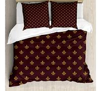 ABAKUHAUS Fleur De Lis Ensemble de Housse de Couette, Motif Royal, Décoratif, 3 Pièces avec 2 Taies d'oreiller, 200 cm x 200 cm - 80 x 80 cm, Bourgogne Terre Jaune