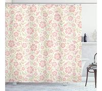 ABAKUHAUS Fleur Rideau de Douche, Fleur à l'ancienne, Tissu Ensemble de Décor de Salle de Bain avec Crochets, 175 cm x 180 cm, Rose Vert pâle et Blanc