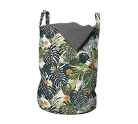 ABAKUHAUS Floral Sac à linge, Botaniques Les feuilles Tropic, Panier avec poignée Fermeture à cordon pour laverie automatique, 2er Pack - 33 x 50 cm, Vert et blanc