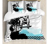 ABAKUHAUS Grunge Ensemble de Housse de Couette, Jeune garçon Skater Exotique, Décoratif 3 Pièces avec 2 Taies d'oreiller, 200 cm x 200 cm, Noir Bleu Pâle