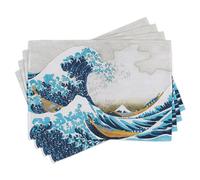 ABAKUHAUS Hokusai Lot de Sets de Table en 8 pièces, Oceanic Vague de Kanagawa, Tissu Lavable pour Salle à Manger et Cuisine, 30 cm x 45 cm, Beige Rouge