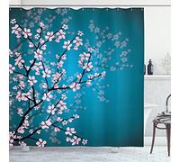 ABAKUHAUS Japonais Rideau de Douche, Motif Sakura Bloom, Tissu Ensemble de Décor de Salle de Bain avec Crochets, 175 cm x 240 cm, Essence Bleu pâle Rose